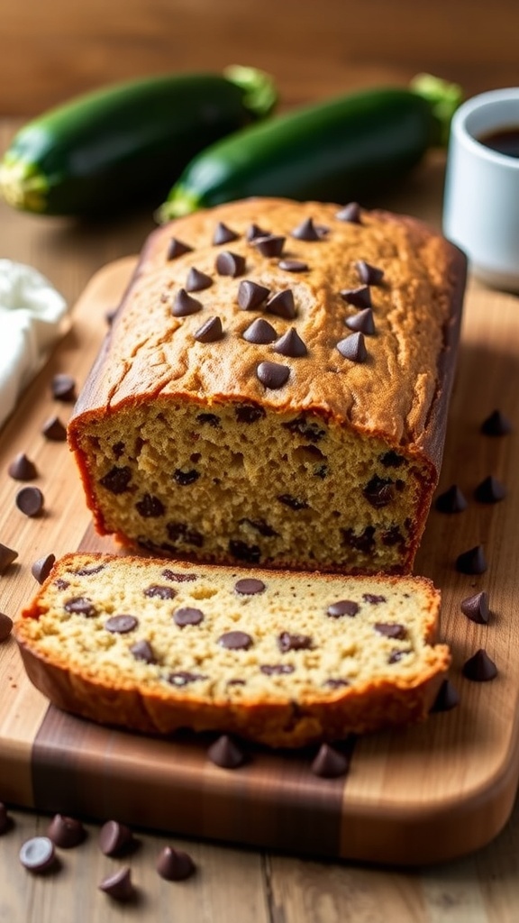 Gluten-Free Dairy-Free Chocolate Chip Zucchini Bread Recipe Sliced gluten-free dairy-free chocolate chip zucchini bread on a cutting board with chocolate chips and zucchinis.